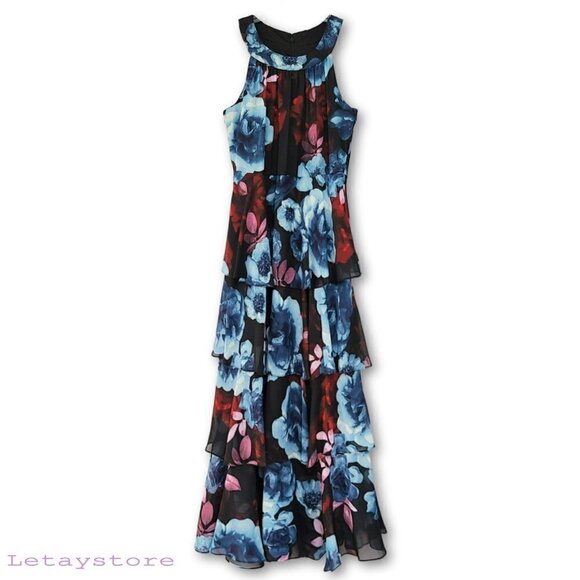 NWT S.L.Fashions Sleeveless Floral Print Flowing Ruffle Tiered Party Maxi Dress - Picture 3 of 5